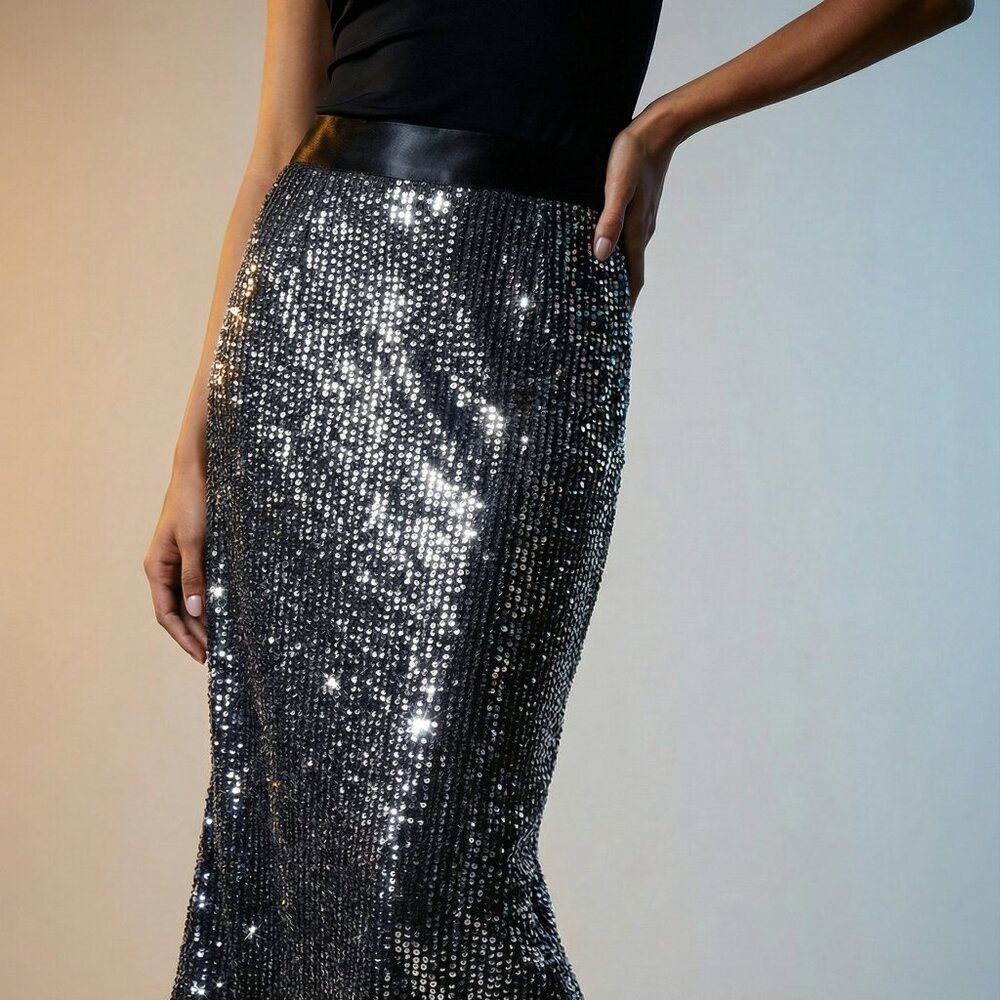 NWT $498 JOIE Malloren pencil geo sequin skirt midnight 2